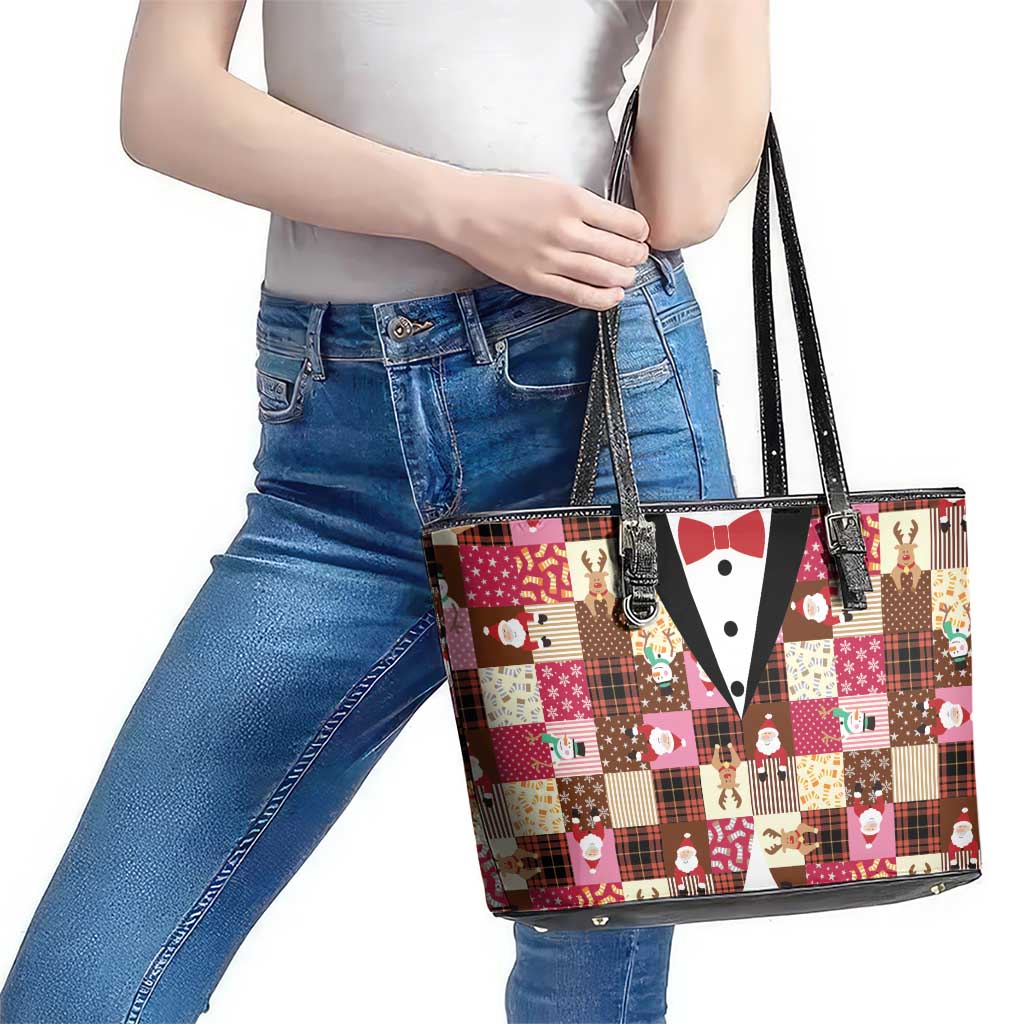 Christmas Patchwork Fake Tuxedo Leather Tote Bag Santa and Reindeer Pink Plaid Style - Wonder Print Shop