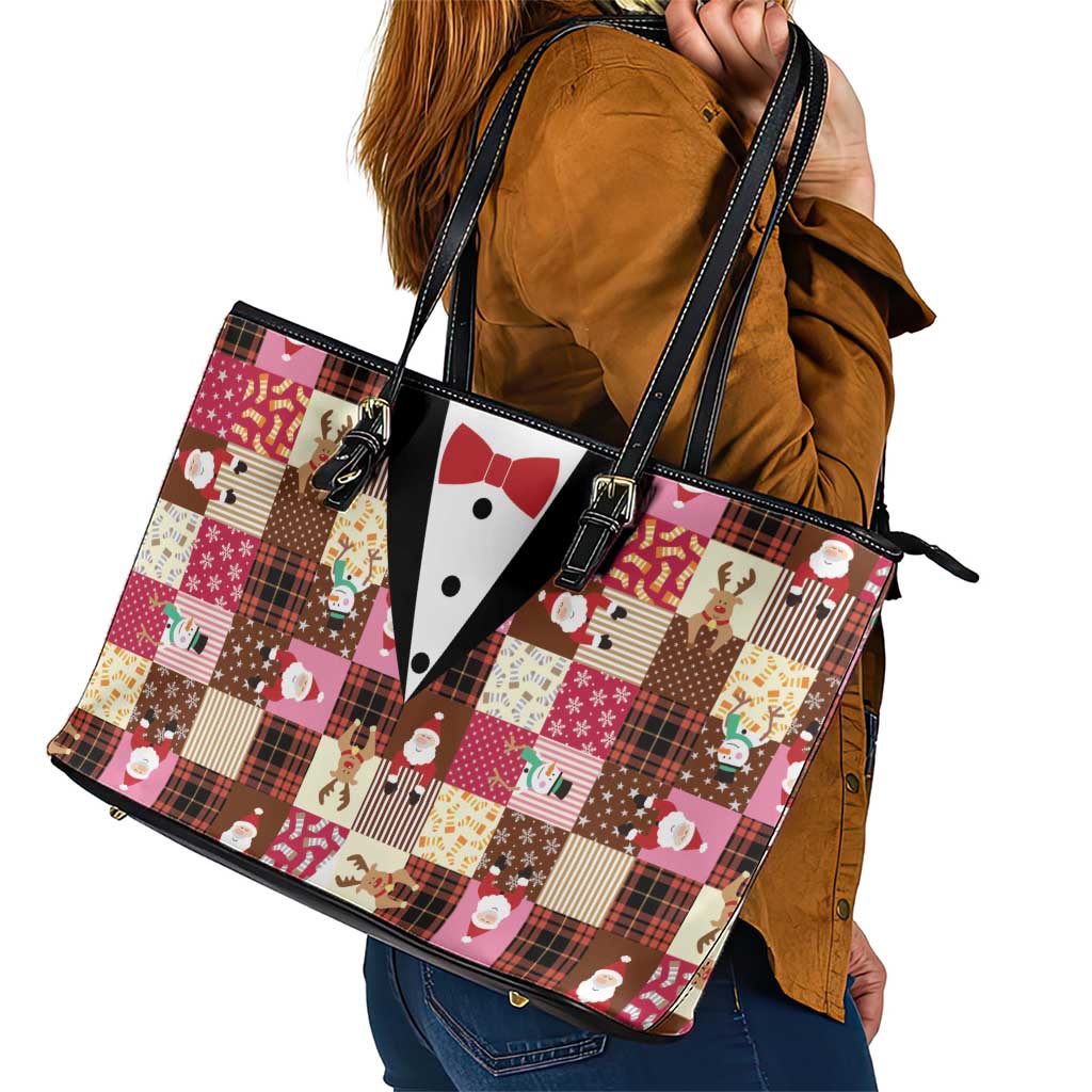 Christmas Patchwork Fake Tuxedo Leather Tote Bag Santa and Reindeer Pink Plaid Style - Wonder Print Shop