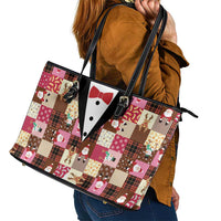 Christmas Patchwork Fake Tuxedo Leather Tote Bag Santa and Reindeer Pink Plaid Style - Wonder Print Shop