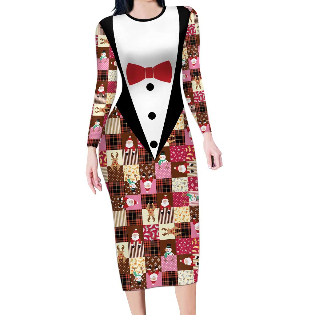 Christmas Patchwork Fake Tuxedo Long Sleeve Bodycon Dress Santa and Reindeer Pink Plaid Style - Wonder Print Shop