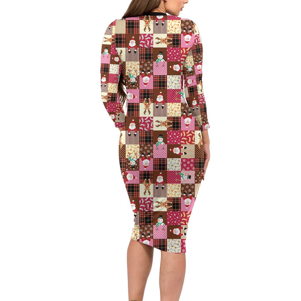 Christmas Patchwork Fake Tuxedo Long Sleeve Bodycon Dress Santa and Reindeer Pink Plaid Style - Wonder Print Shop