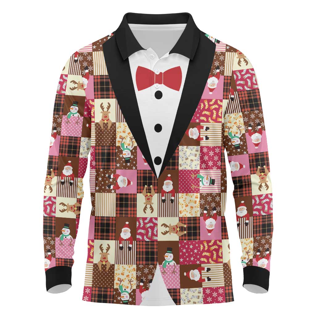 Christmas Patchwork Fake Tuxedo Long Sleeve Polo Shirt Santa and Reindeer Pink Plaid Style - Wonder Print Shop