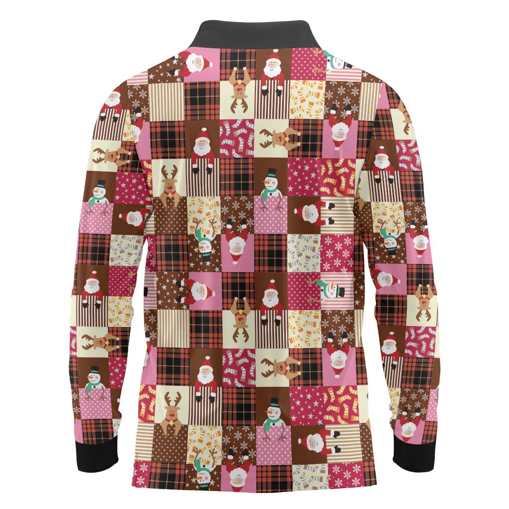 Christmas Patchwork Fake Tuxedo Long Sleeve Polo Shirt Santa and Reindeer Pink Plaid Style - Wonder Print Shop