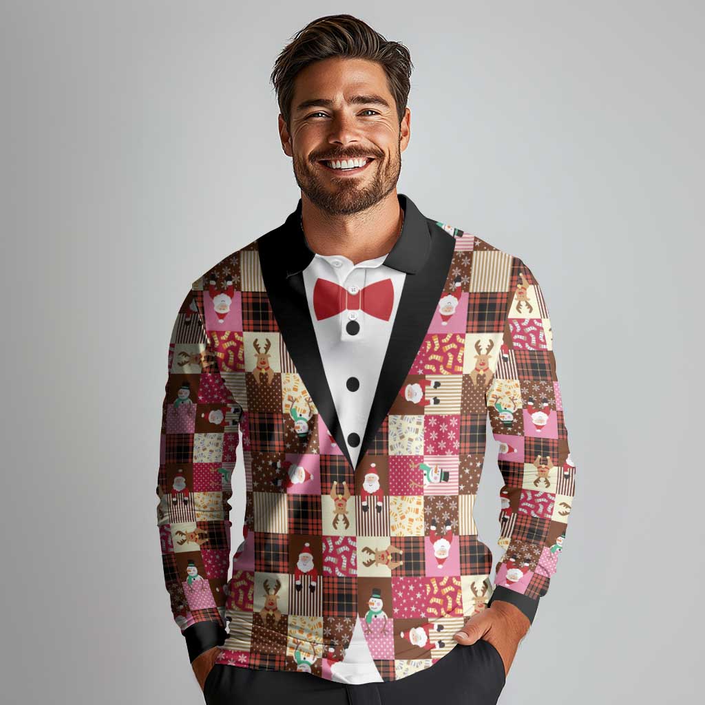 Christmas Patchwork Fake Tuxedo Long Sleeve Polo Shirt Santa and Reindeer Pink Plaid Style - Wonder Print Shop