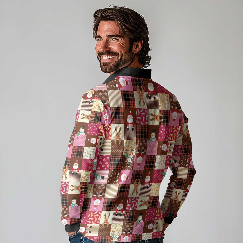 Christmas Patchwork Fake Tuxedo Long Sleeve Polo Shirt Santa and Reindeer Pink Plaid Style - Wonder Print Shop