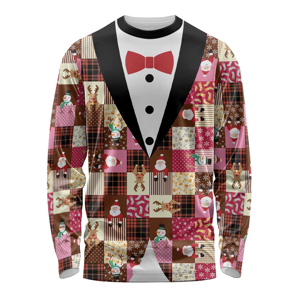 Christmas Patchwork Fake Tuxedo Long Sleeve Shirt Santa and Reindeer Pink Plaid Style - Wonder Print Shop