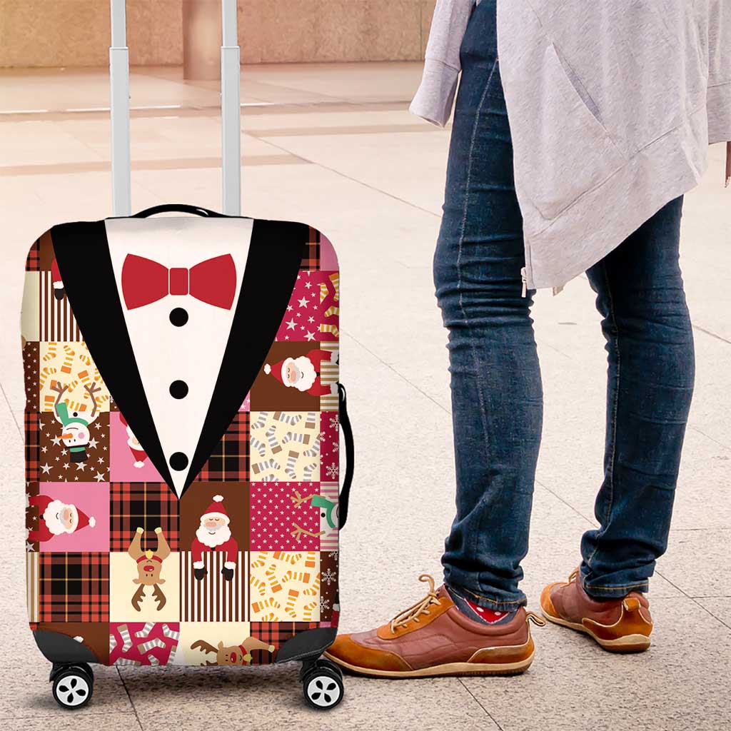 Christmas Patchwork Fake Tuxedo Luggage Cover Santa and Reindeer Pink Plaid Style - Wonder Print Shop