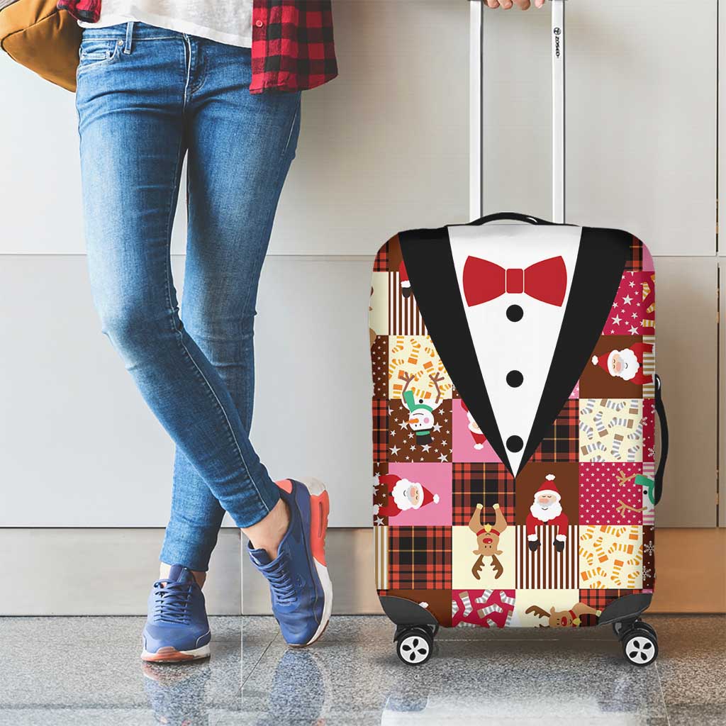 Christmas Patchwork Fake Tuxedo Luggage Cover Santa and Reindeer Pink Plaid Style - Wonder Print Shop