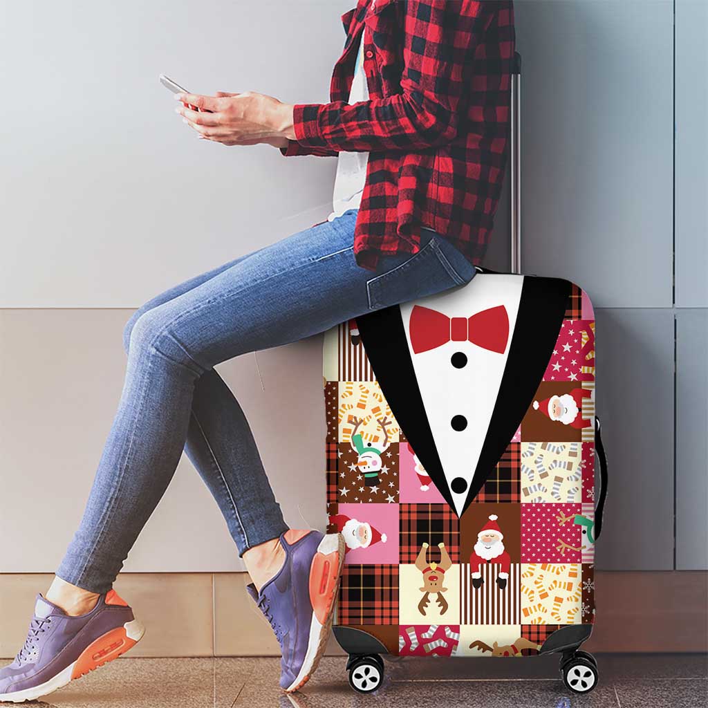 Christmas Patchwork Fake Tuxedo Luggage Cover Santa and Reindeer Pink Plaid Style - Wonder Print Shop