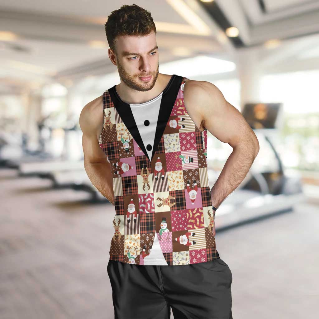 Christmas Patchwork Fake Tuxedo Men Tank Top Santa and Reindeer Pink Plaid Style - Wonder Print Shop