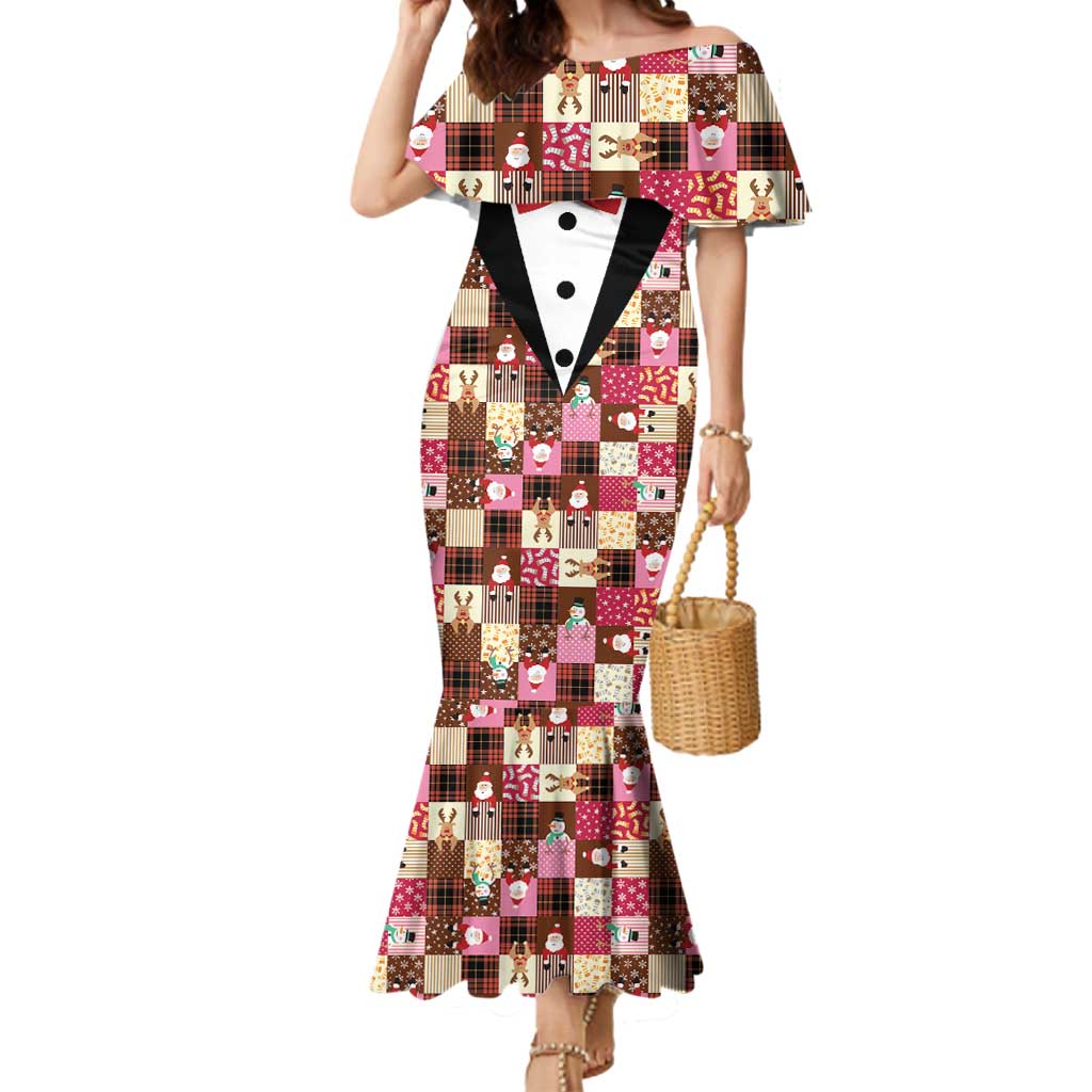 Christmas Patchwork Fake Tuxedo Mermaid Dress Santa and Reindeer Pink Plaid Style - Wonder Print Shop