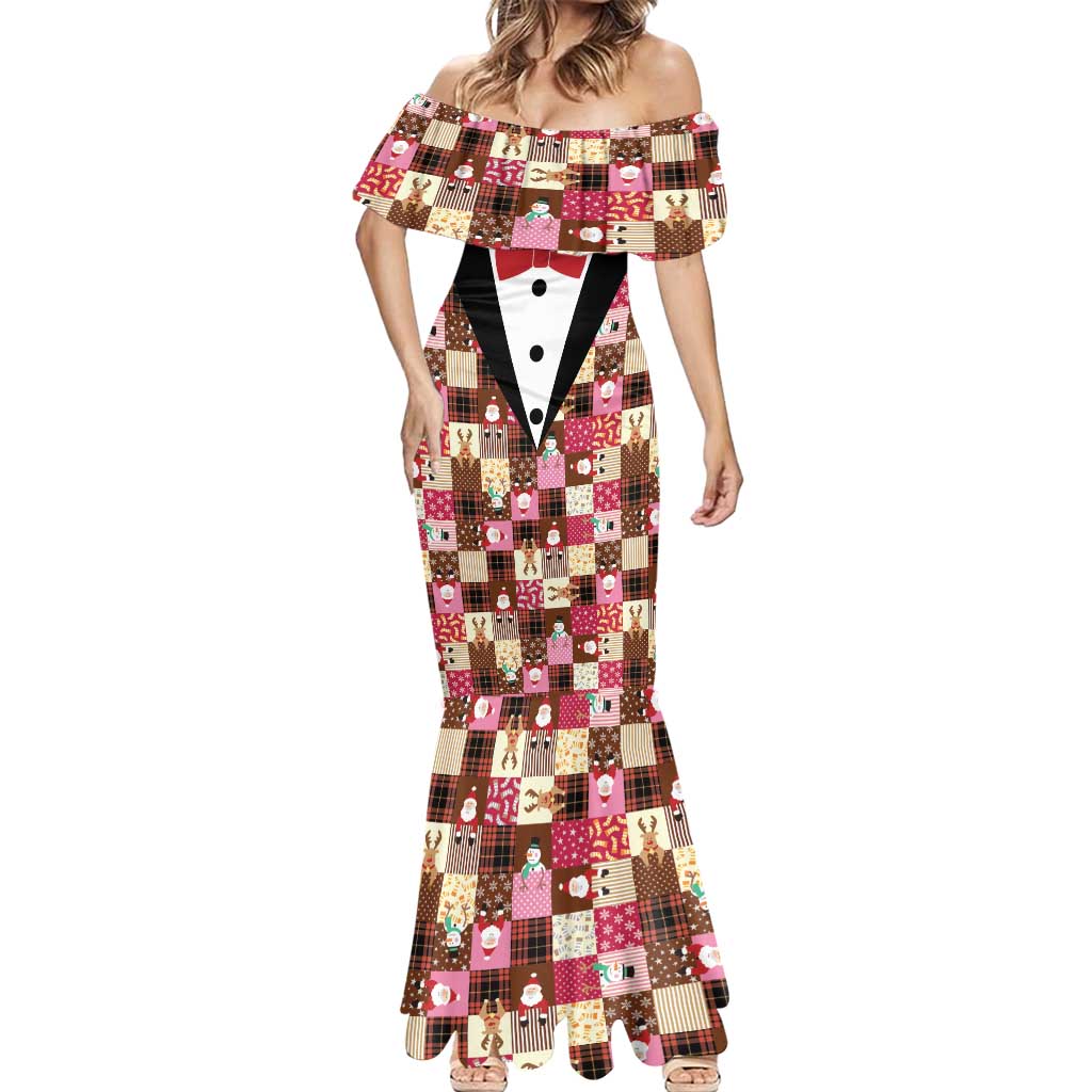 Christmas Patchwork Fake Tuxedo Mermaid Dress Santa and Reindeer Pink Plaid Style - Wonder Print Shop