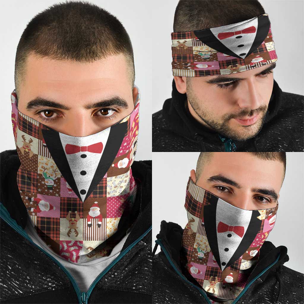 Christmas Patchwork Fake Tuxedo Neck Gaiter Santa and Reindeer Pink Plaid Style - Wonder Print Shop