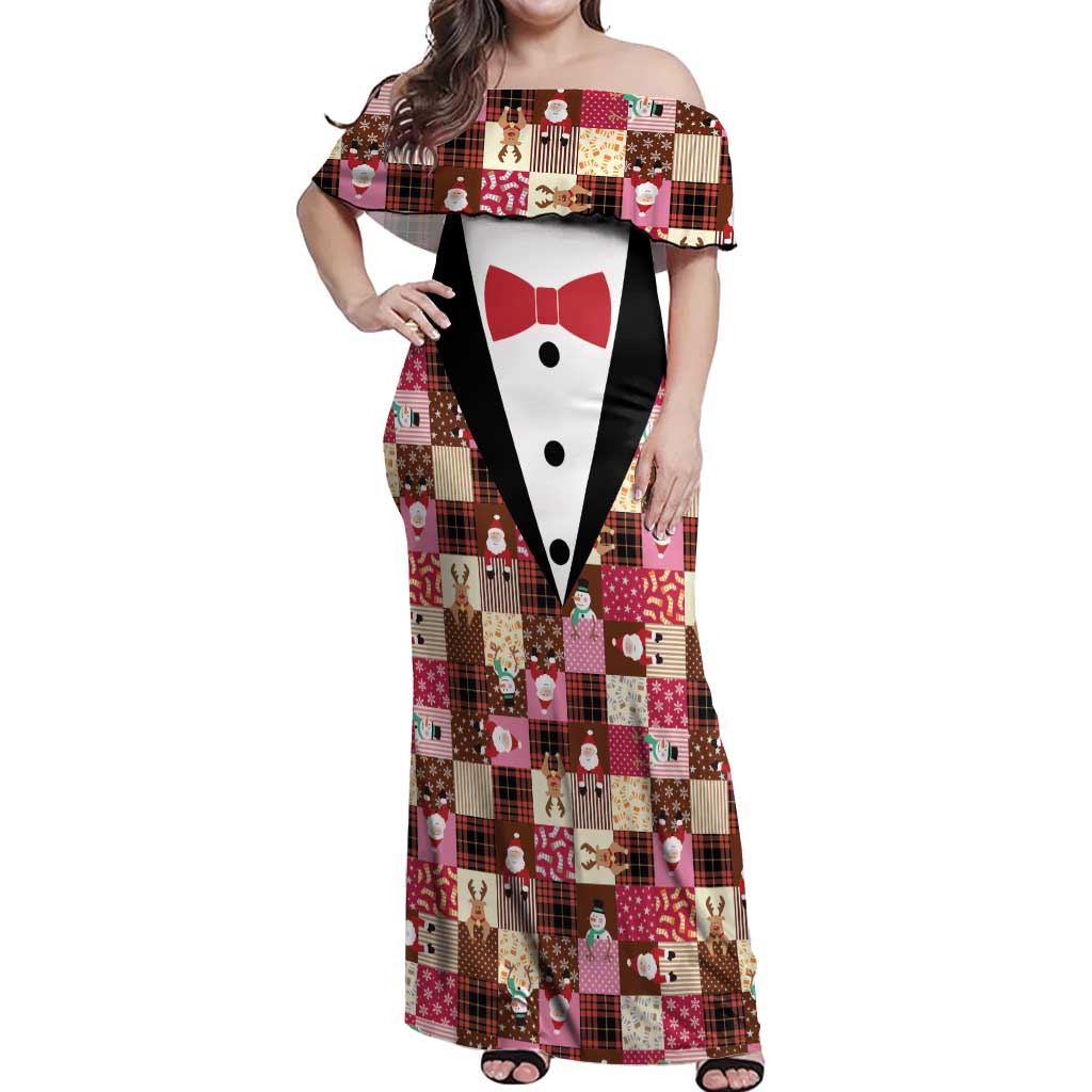 Christmas Patchwork Fake Tuxedo Off Shoulder Maxi Dress Santa and Reindeer Pink Plaid Style - Wonder Print Shop