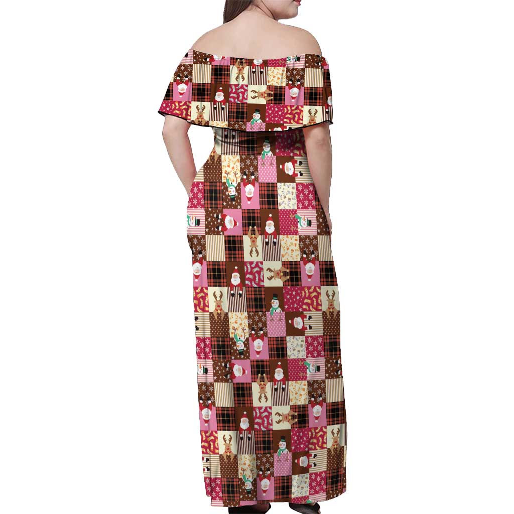 Christmas Patchwork Fake Tuxedo Off Shoulder Maxi Dress Santa and Reindeer Pink Plaid Style - Wonder Print Shop