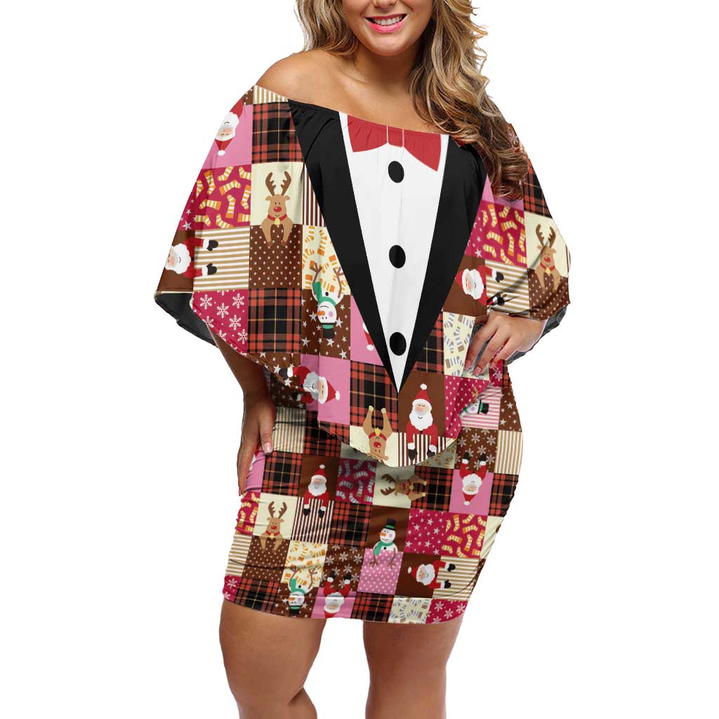 Christmas Patchwork Fake Tuxedo Off Shoulder Short Dress Santa and Reindeer Pink Plaid Style - Wonder Print Shop