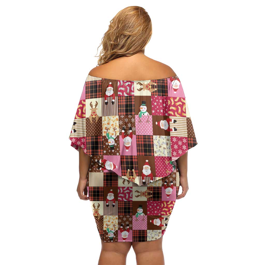 Christmas Patchwork Fake Tuxedo Off Shoulder Short Dress Santa and Reindeer Pink Plaid Style - Wonder Print Shop