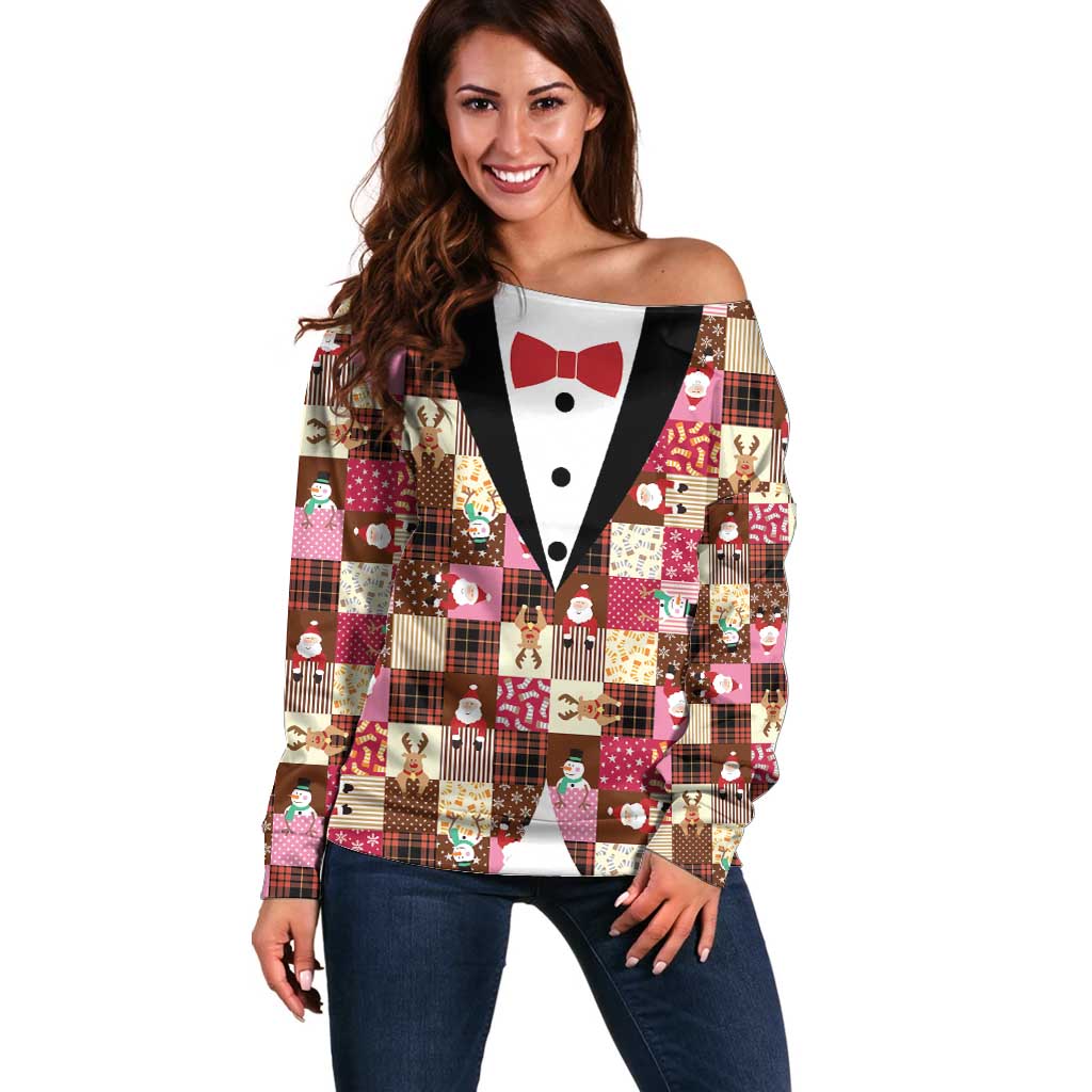 Christmas Patchwork Fake Tuxedo Off Shoulder Sweater Santa and Reindeer Pink Plaid Style - Wonder Print Shop