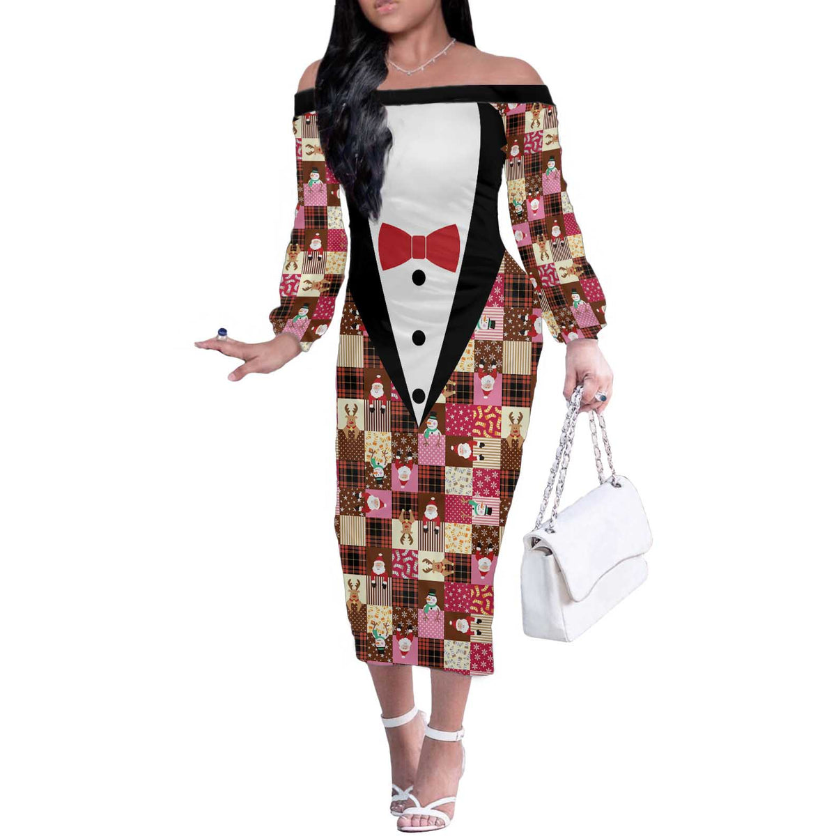 Christmas Patchwork Fake Tuxedo Off The Shoulder Long Sleeve Dress Santa and Reindeer Pink Plaid Style - Wonder Print Shop