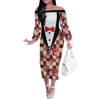 Christmas Patchwork Fake Tuxedo Off The Shoulder Long Sleeve Dress Santa and Reindeer Pink Plaid Style - Wonder Print Shop
