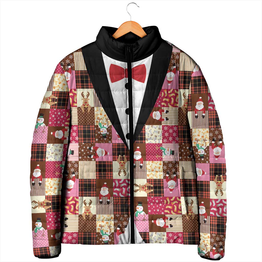 Christmas Patchwork Fake Tuxedo Padded Jacket Santa and Reindeer Pink Plaid Style - Wonder Print Shop