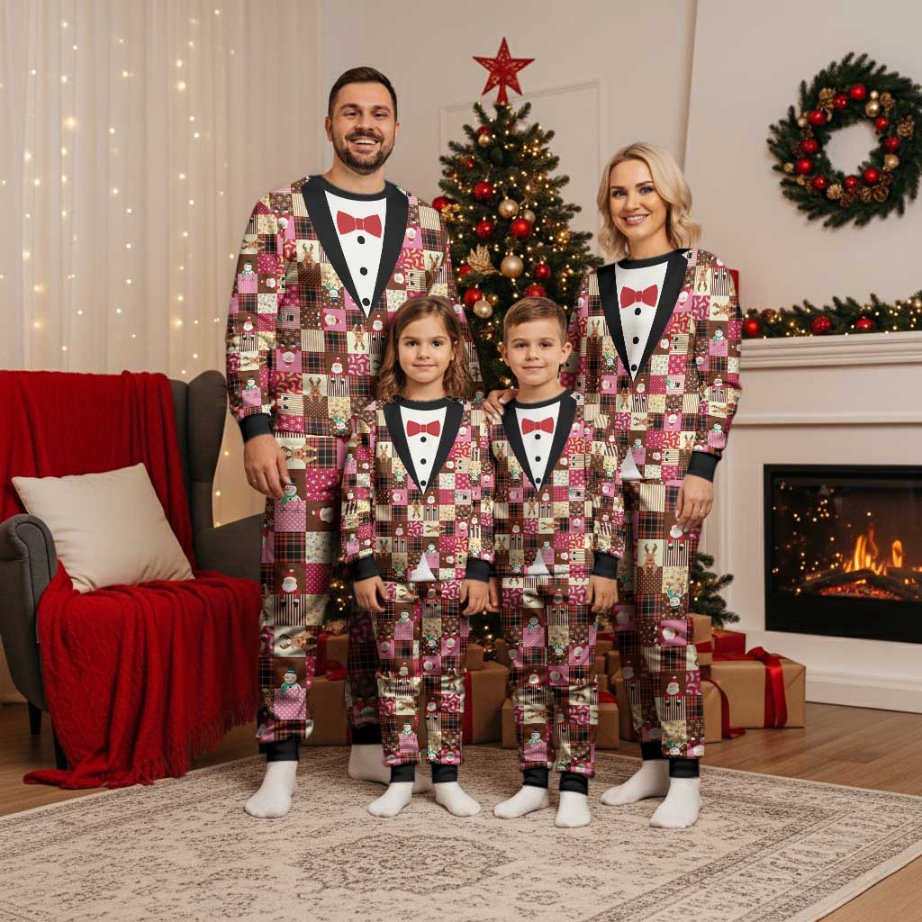 Christmas Patchwork Fake Tuxedo Christmas Pajama Set Santa and Reindeer Pink Plaid Style - Wonder Print Shop