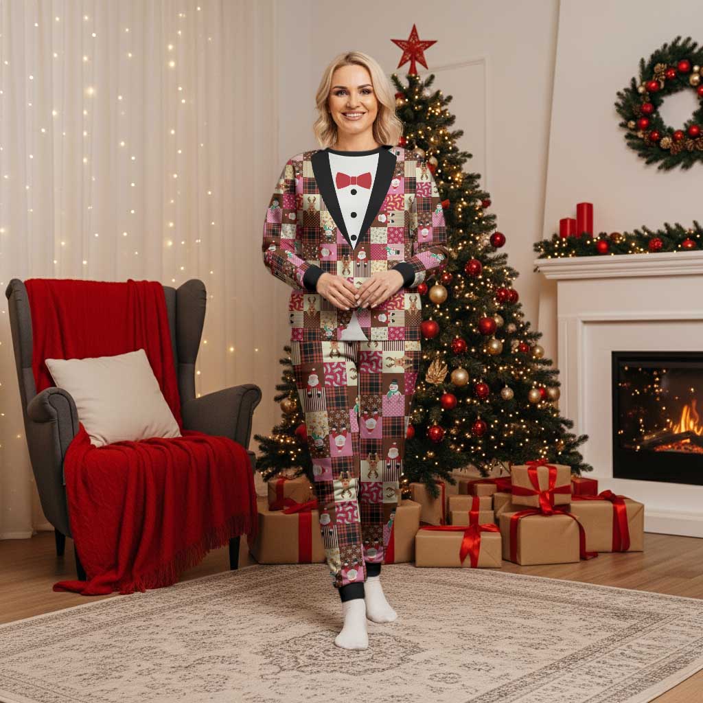 Christmas Patchwork Fake Tuxedo Christmas Pajama Set Santa and Reindeer Pink Plaid Style - Wonder Print Shop
