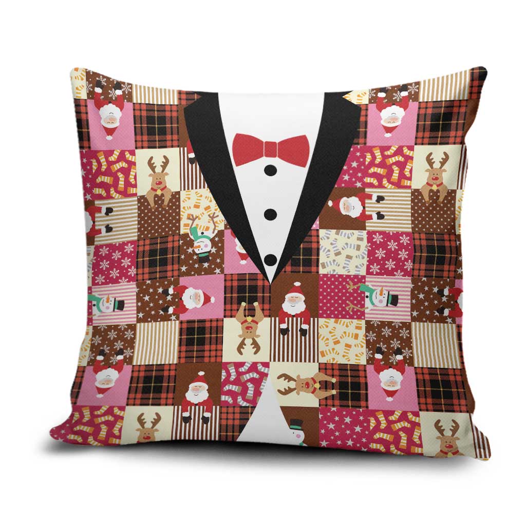 Christmas Patchwork Fake Tuxedo Pillow Cover Santa and Reindeer Pink Plaid Style - Wonder Print Shop