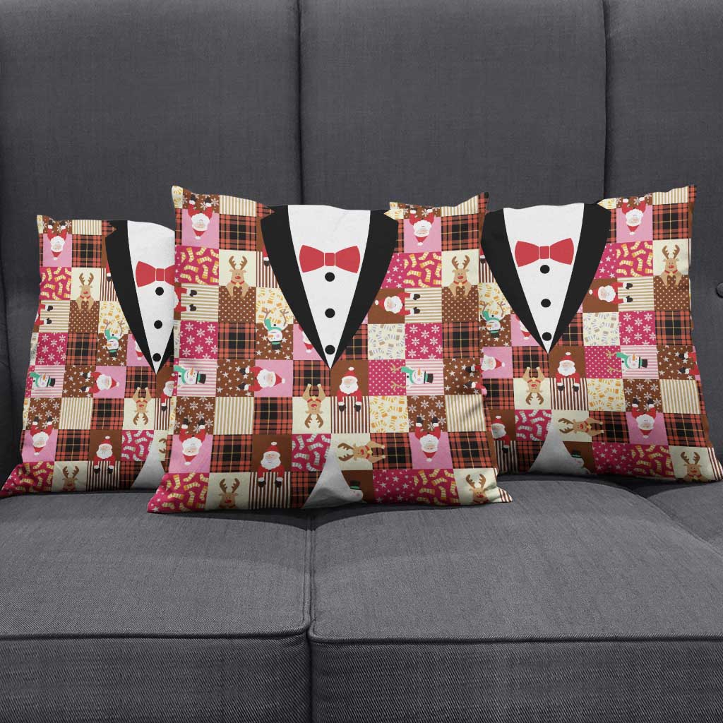 Christmas Patchwork Fake Tuxedo Pillow Cover Santa and Reindeer Pink Plaid Style - Wonder Print Shop