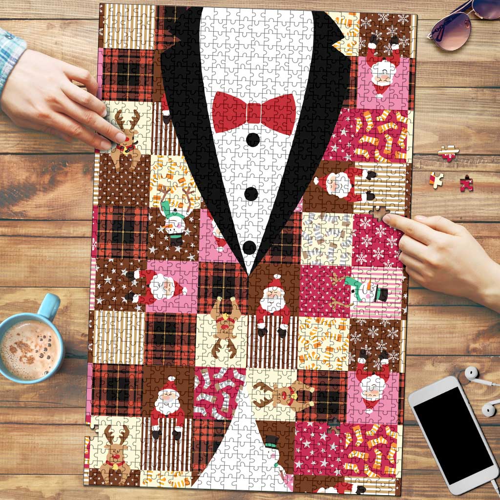 Christmas Patchwork Fake Tuxedo Puzzle Santa and Reindeer Pink Plaid Style - Wonder Print Shop