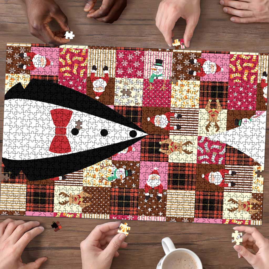 Christmas Patchwork Fake Tuxedo Puzzle Santa and Reindeer Pink Plaid Style - Wonder Print Shop