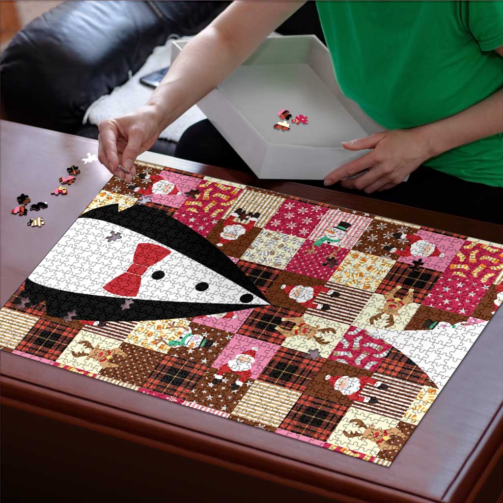 Christmas Patchwork Fake Tuxedo Puzzle Santa and Reindeer Pink Plaid Style - Wonder Print Shop