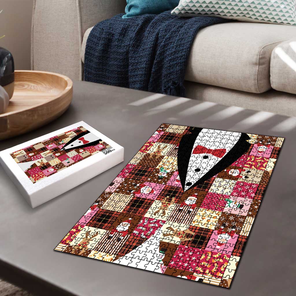 Christmas Patchwork Fake Tuxedo Puzzle Santa and Reindeer Pink Plaid Style - Wonder Print Shop