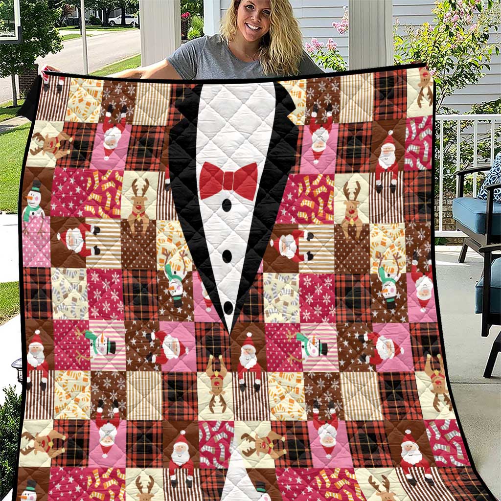 Christmas Patchwork Fake Tuxedo Quilt Santa and Reindeer Pink Plaid Style - Wonder Print Shop