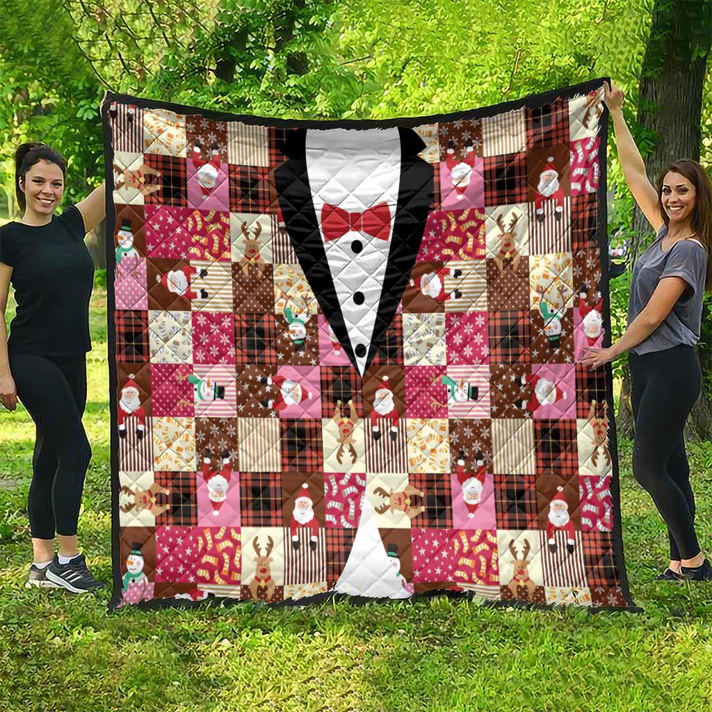 Christmas Patchwork Fake Tuxedo Quilt Santa and Reindeer Pink Plaid Style - Wonder Print Shop