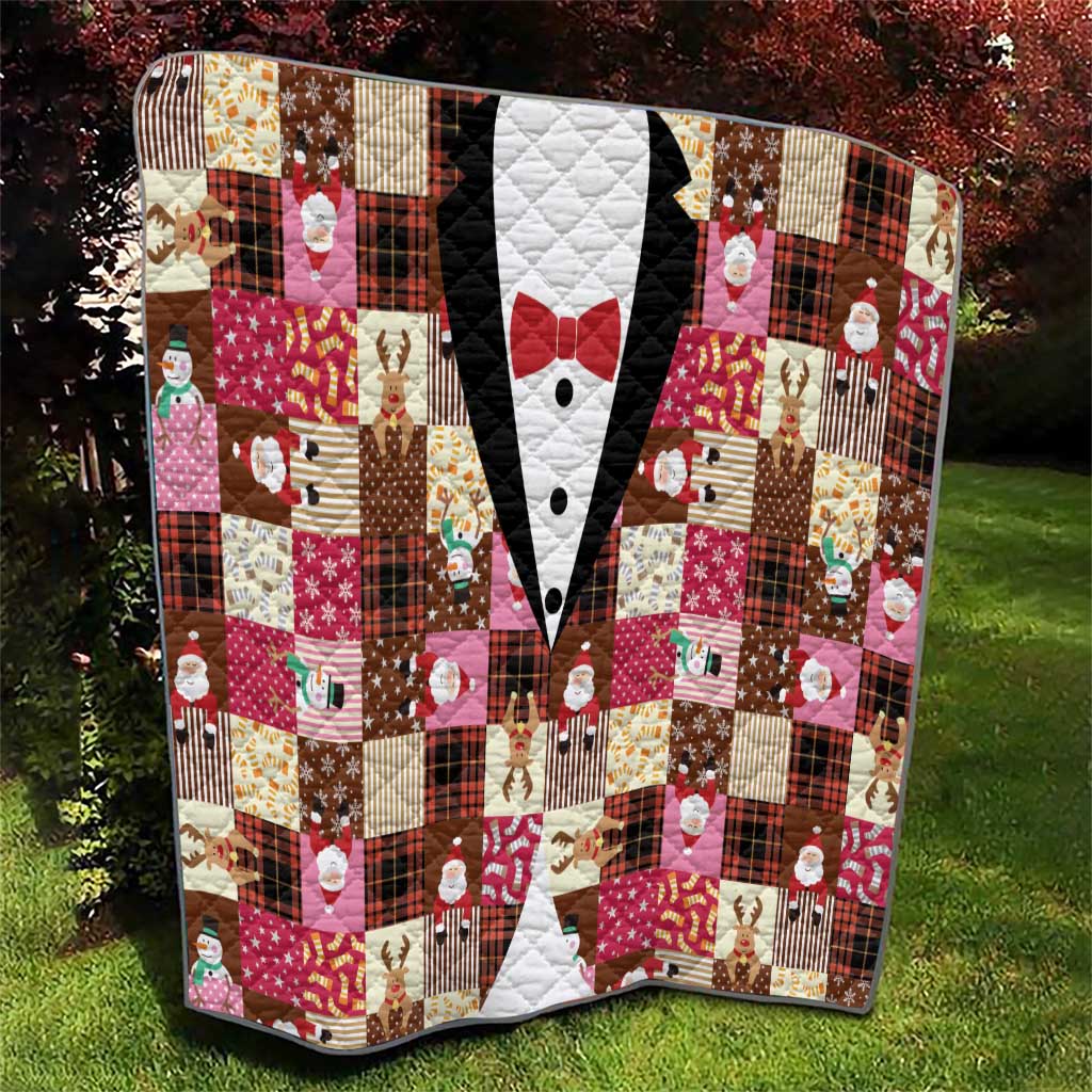 Christmas Patchwork Fake Tuxedo Quilt Santa and Reindeer Pink Plaid Style - Wonder Print Shop