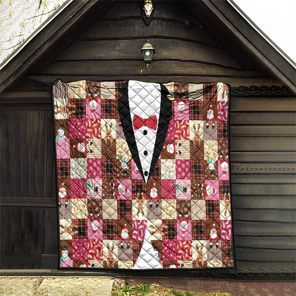 Christmas Patchwork Fake Tuxedo Quilt Santa and Reindeer Pink Plaid Style - Wonder Print Shop