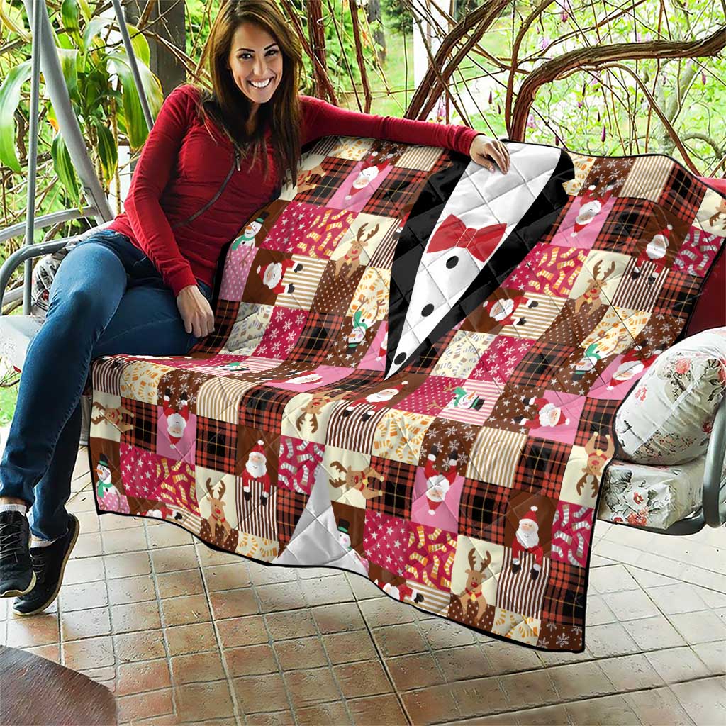 Christmas Patchwork Fake Tuxedo Quilt Santa and Reindeer Pink Plaid Style - Wonder Print Shop
