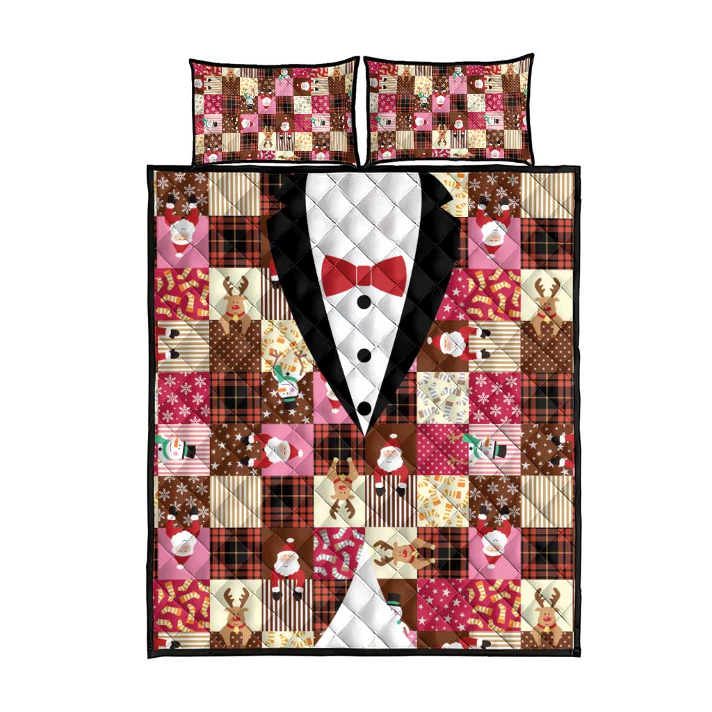 Christmas Patchwork Fake Tuxedo Quilt Bed Set Santa and Reindeer Pink Plaid Style - Wonder Print Shop