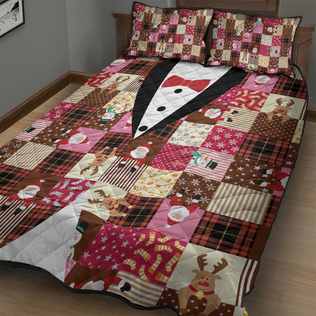 Christmas Patchwork Fake Tuxedo Quilt Bed Set Santa and Reindeer Pink Plaid Style - Wonder Print Shop