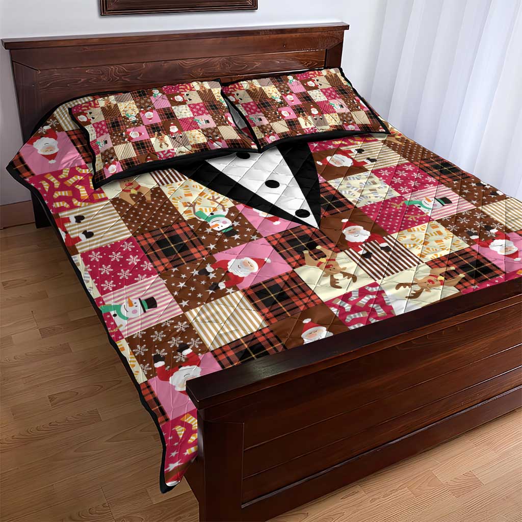 Christmas Patchwork Fake Tuxedo Quilt Bed Set Santa and Reindeer Pink Plaid Style - Wonder Print Shop