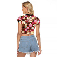 Christmas Patchwork Fake Tuxedo Raglan Cropped T Shirt Santa and Reindeer Pink Plaid Style - Wonder Print Shop