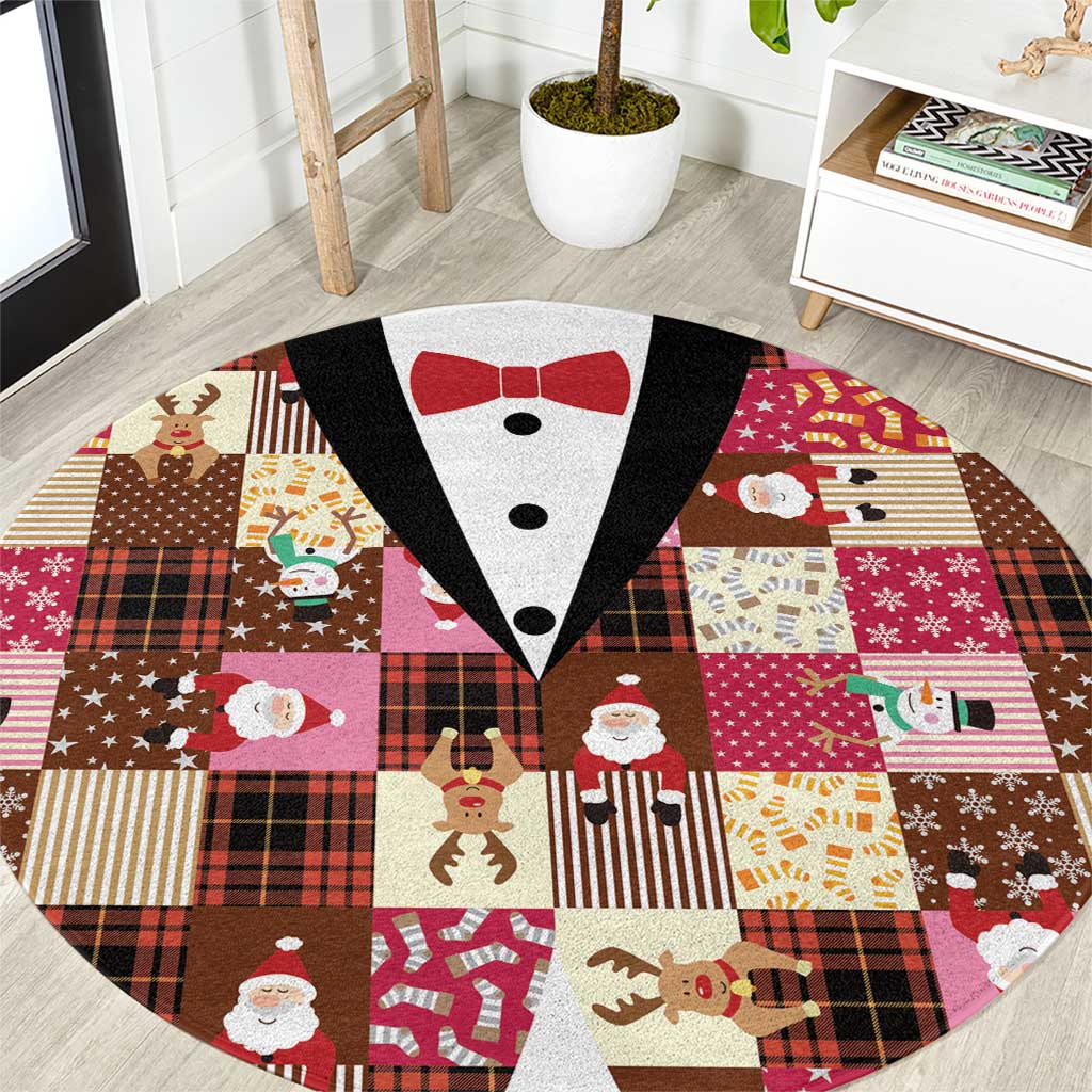 Christmas Patchwork Fake Tuxedo Round Carpet Santa and Reindeer Pink Plaid Style - Wonder Print Shop