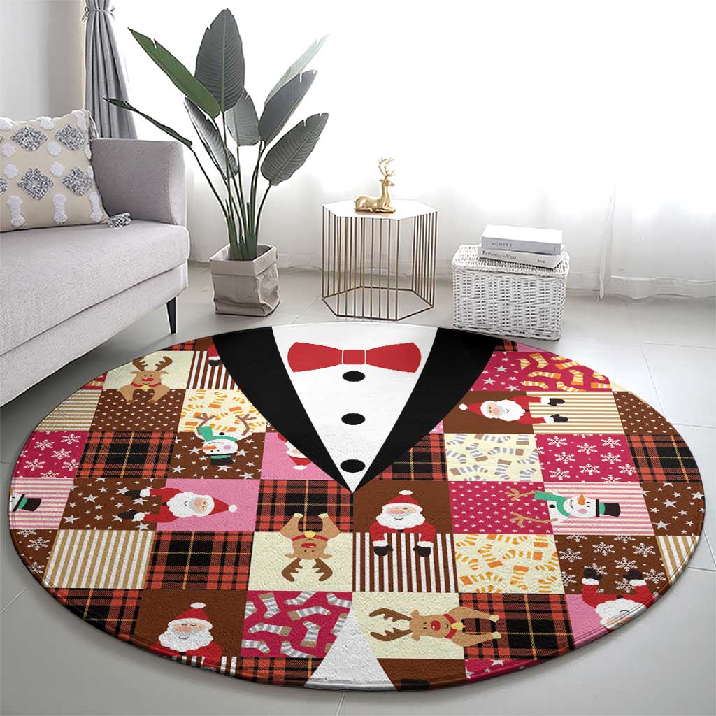 Christmas Patchwork Fake Tuxedo Round Carpet Santa and Reindeer Pink Plaid Style - Wonder Print Shop