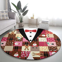 Christmas Patchwork Fake Tuxedo Round Carpet Santa and Reindeer Pink Plaid Style - Wonder Print Shop