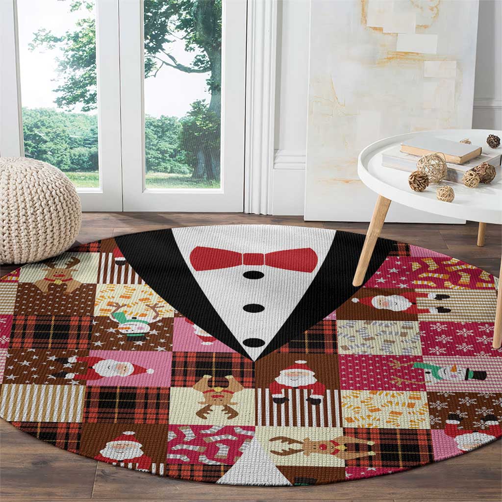 Christmas Patchwork Fake Tuxedo Round Carpet Santa and Reindeer Pink Plaid Style - Wonder Print Shop