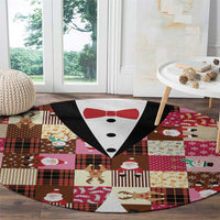 Christmas Patchwork Fake Tuxedo Round Carpet Santa and Reindeer Pink Plaid Style - Wonder Print Shop