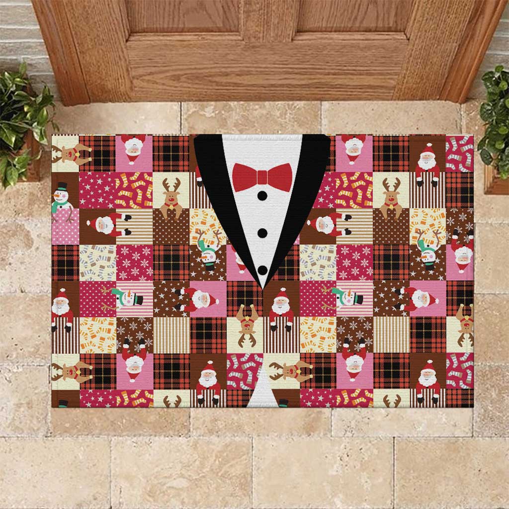 Christmas Patchwork Fake Tuxedo Rubber Doormat Santa and Reindeer Pink Plaid Style - Wonder Print Shop