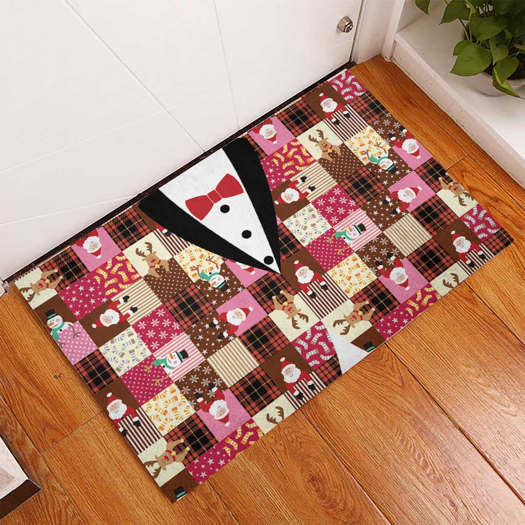 Christmas Patchwork Fake Tuxedo Rubber Doormat Santa and Reindeer Pink Plaid Style - Wonder Print Shop
