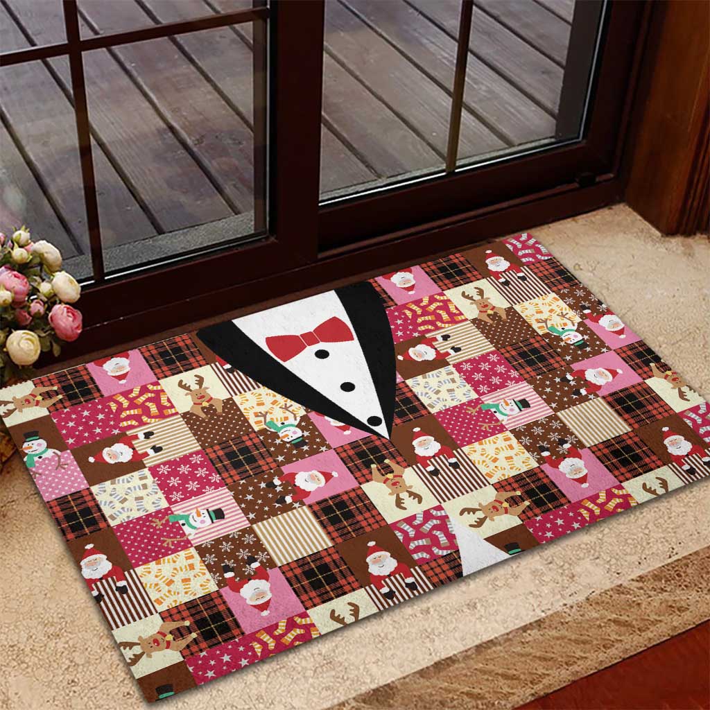 Christmas Patchwork Fake Tuxedo Rubber Doormat Santa and Reindeer Pink Plaid Style - Wonder Print Shop